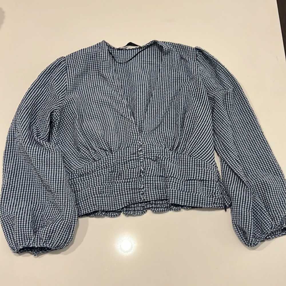 Zara Blue Gingham Top w Side Zipper Fits S or M